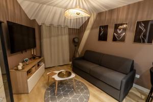 uma sala de estar com um sofá e uma televisão em L'incognito - Romantisme - Vin - Jacuzzi em Saumur