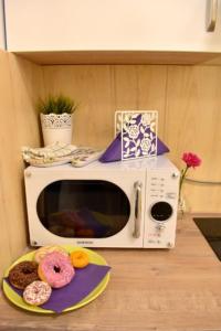 a microwave with a plate of donuts on a counter at Apartment in Prague in Prague