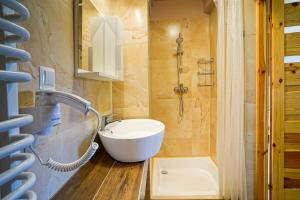 a bathroom with a sink and a shower at Willa Kwiatowa in Iwonicz-Zdrój