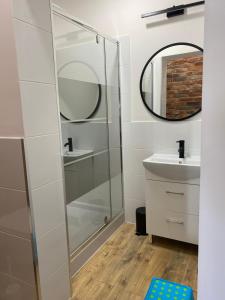 a bathroom with a shower and a sink and a mirror at GOŚCINIEC STRZECHA in Kąty Rybackie