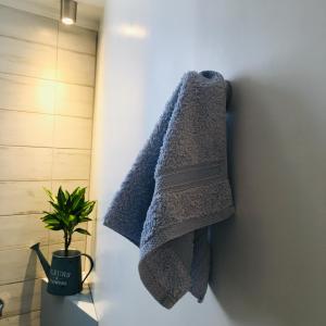 a towel hanging on a wall in a bathroom at BLUE AND WHITE PAINTERS HOUSE in Athens