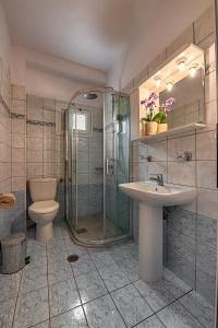 a bathroom with a toilet and a sink and a shower at Angelica Hotel in Agios Gordios