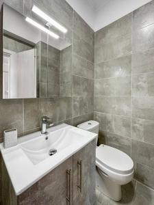 uma casa de banho com um lavatório, um WC e um espelho. em Ameli Apartment , Spacious With Mountain View, Lefkada em Dhráganon