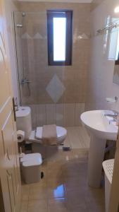 uma casa de banho com um WC, um lavatório e um chuveiro em Villa Leondis em Melidhónion