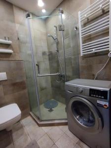um chuveiro com uma máquina de lavar roupa na casa de banho em Davka Apartments em Batumi
