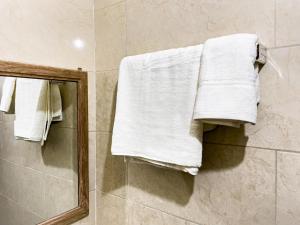 a bathroom with white towels hanging on a wall at west view hostel in ‘Ayn Amūn