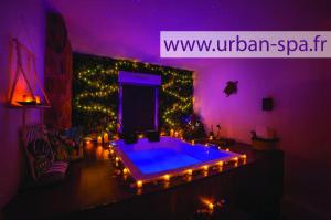 uma sala de estar com uma banheira de hidromassagem com luzes em Appartement L'Évasion Nature em Troyes