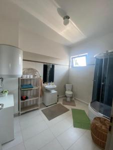 La salle de bains est pourvue de toilettes, d'une douche et d'un lavabo. dans l'établissement Apartmány Superrelax, à Liptovský Mikuláš