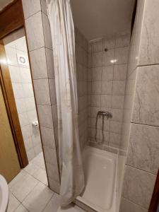 La salle de bains est pourvue d'une douche et d'une baignoire blanche. dans l'établissement Apartmani Kapiton, à Hvar