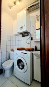 ein Badezimmer mit einer Waschmaschine und einem WC in der Unterkunft Jeziorna in Bielawa