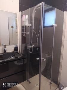 a shower with a glass door next to a sink at המקום של ענת. Anat's place in Tel ‘Adashim