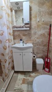 een badkamer met een wastafel, een toilet en een spiegel bij Bel Apartman in Subotica