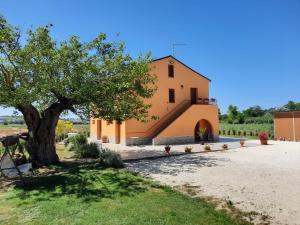 une maison avec un arbre en face dans l'établissement IL CUORE DEL CONERO - CASALE CON PISCINA, Natura e Relax, à Camerano