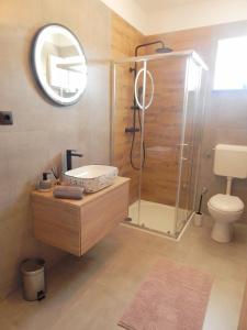 W łazience znajduje się prysznic, umywalka i toaleta. w obiekcie Apartmani Luka w mieście Grebaštica
