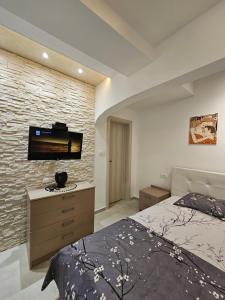 una camera con letto e TV su un muro di mattoni di Studio apartmani Vukasin a Tivat