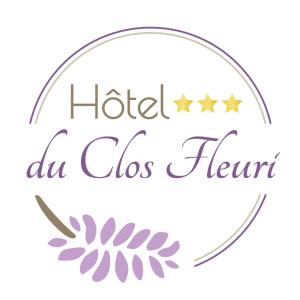 Hôtel du Clos Fleuri في لورد: ملصق لفندق بنجوم وكلمة يحمل الكلون