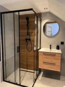 een badkamer met een douche, een wastafel en een spiegel bij Apartament Rewa House in Rewa