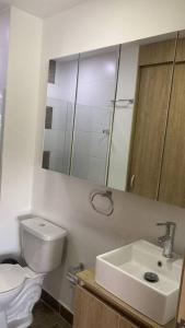 La salle de bains est pourvue de toilettes, d'un lavabo et d'un miroir. dans l'établissement Acogedor monoambiente Sabaneta, à Sabaneta