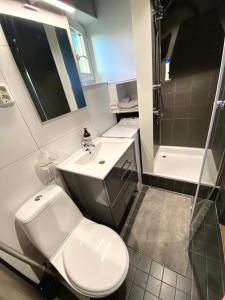 uma casa de banho com um WC, um lavatório e um chuveiro em Lyngen Biarnes- Nordreisa em Hamnnes