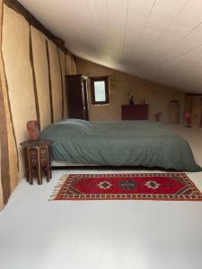 ein Schlafzimmer mit einem Bett und einem Teppich in einem Zimmer in der Unterkunft L'Arbre penché in Bassoues