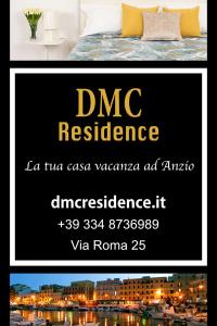 a poster for a dmc residence with a bed and a city at DMC Residence - Alloggi Turistici in Anzio