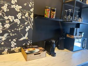 uma bancada com comodidades para preparar café e uma cafeteira em Privespa hotel Little escape em Wormer