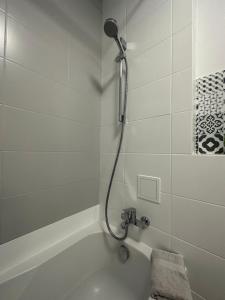 a bathroom with a shower and a bath tub at Apartament Wroclawia in Wrocław