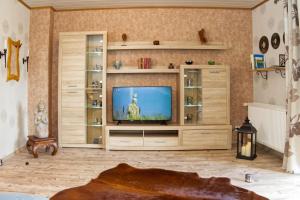 a living room with a large entertainment center with a television at Basaltikum in Mendig