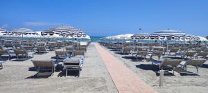 een rij stoelen en parasols op een strand bij Hotel B&B Negresco in Milano Marittima