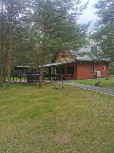 una casa en un parque con un patio de césped en Namelis su pirtele, en Druskininkai