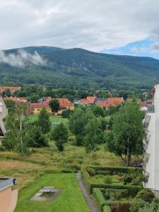 a view of a town with a mountain in the background at Apartament Karolina ul. Lipowa 2/29, 58-530 Kowary in Kowary