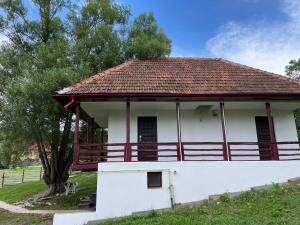 a small white building with a red roof at Casa de sub Salcie in Curtea de Argeş