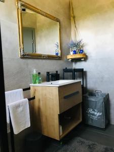 a bathroom with a wooden vanity with a mirror at SMOKVICA in Savudrija