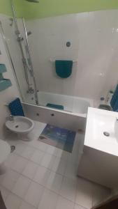 uma casa de banho com um lavatório, um chuveiro e um WC. em GreenSea em Peniche