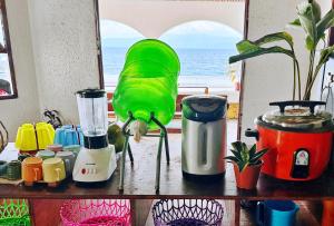 a shelf with a green blender and other appliances at Moana Beach House in Moalboal