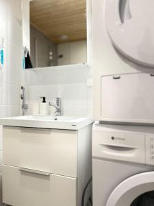 a white bathroom with a sink and a washing machine at Huoneisto juna aseman vieressä in Vantaa