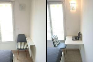 twee foto's van een kamer met een bed en een bureau bij Superbe appartement ensoleillé - Vue mer, Clim et Parking in Villeneuve-Loubet