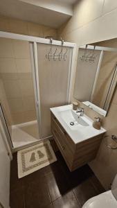 La salle de bains est pourvue d'un lavabo, d'une douche et d'un miroir. dans l'établissement Cerca del Mar, à Dénia