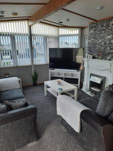 a living room with a couch and a tv and a fireplace at Millfields 4 berth caravan DG & CH family's only and lead person must be over 30 in Ingoldmells