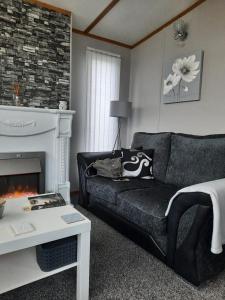a living room with a couch and a fireplace at Millfields 4 berth caravan DG & CH family's only and lead person must be over 30 in Ingoldmells