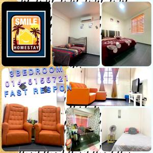 a collage of pictures of a hotel room with orange furniture at SMILEz HOMESTAY B109 AT PD PERDANA CONDO RESORT in Port Dickson