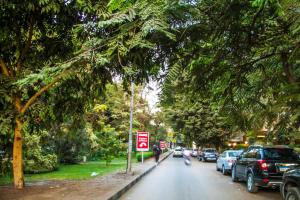uma rua com carros estacionados ao lado de uma estrada com árvores em Aqua Maadi Degla Group no Cairo
