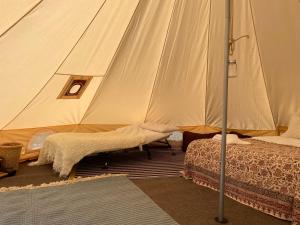 ein Schlafzimmer mit einem Zelt mit einem Bett und einem Teppich in der Unterkunft Luxury glamping at Kipeni 