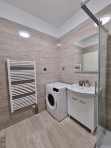 a bathroom with a washing machine and a sink at Apartmani Toni in Drniš