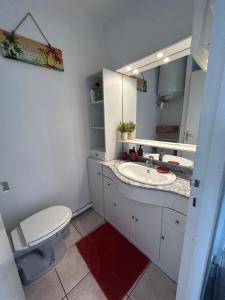 W łazience znajduje się toaleta, umywalka i lustro. w obiekcie Studio Vue Mer situé à côté de la plage Quartier des Quilles w mieście Sète +9 zdjęć