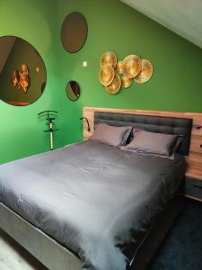 アランソンにあるGîte des grangesの緑の壁と鏡が備わるベッドルーム1室