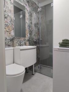 ein Bad mit einem WC, einem Waschbecken und einer Dusche in der Unterkunft Studio apartman Irma Červar in Poreč