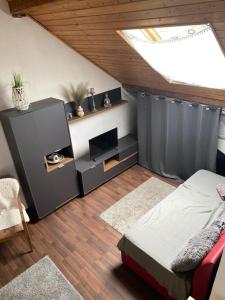 1 dormitorio con 1 cama y tragaluz en Haus Monika, en Homburg
