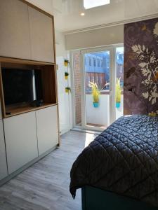 a bedroom with a large bed and a television at Kleine Milchbar in Norderney