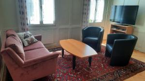 Bazenheid的住宿－Tor zum Toggenburg，客厅配有沙发、两把椅子和一张桌子